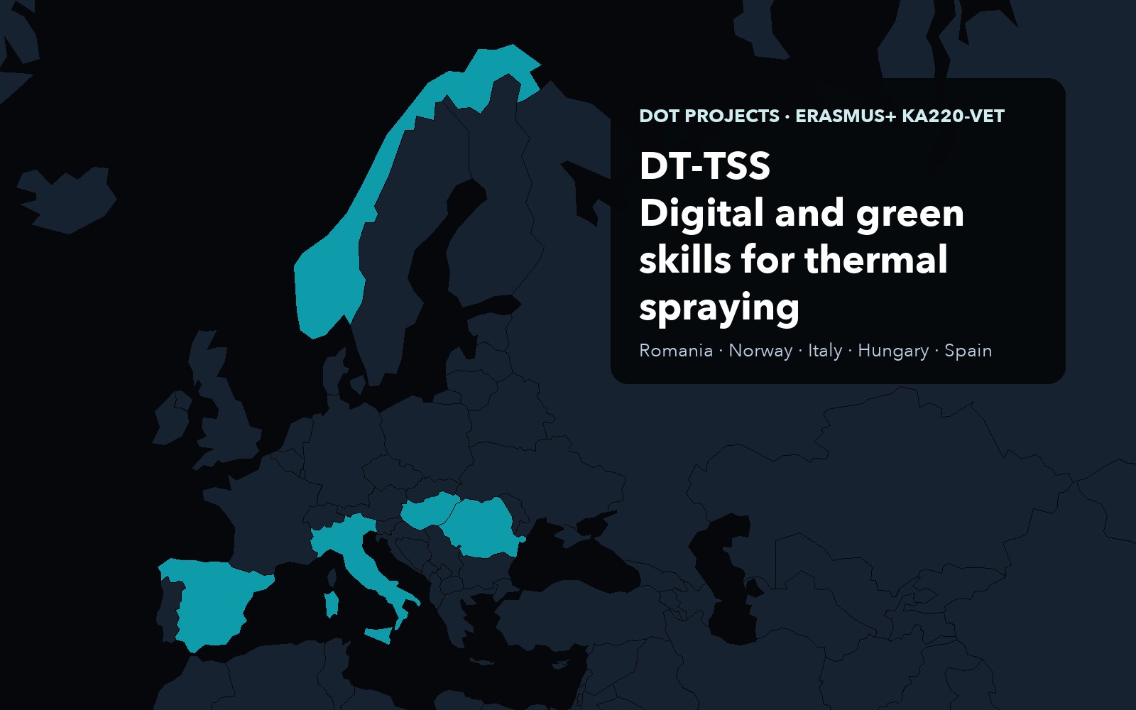 Map of Europe with the DT-TSS partner countries highlighted: Romania, Norway, Italy, Hungary and Spain
